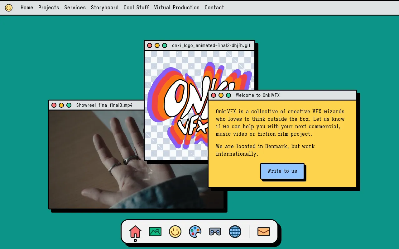 The frontpage of vfx.onki.tv, its a website in bright colors, the content is arranged in windows akin to windows on MacOS.