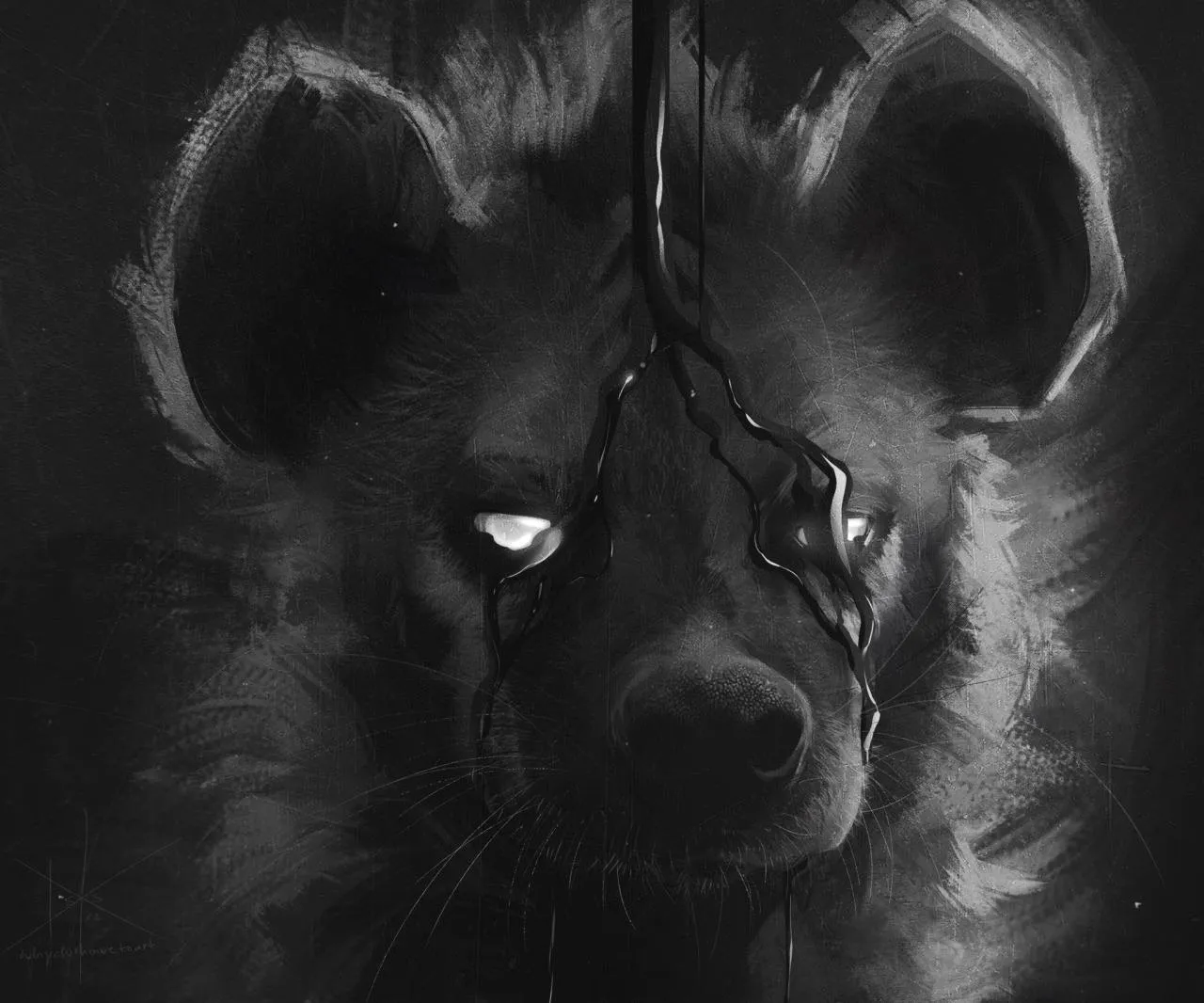 A black and white drawing of the head of hyena. The hyena has glowing white eyes, and a streak of glistening black oil running over its face.